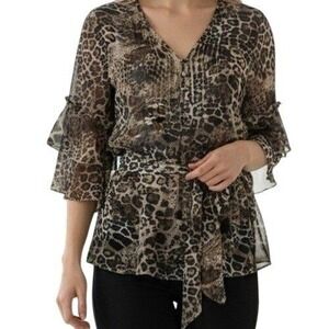 🆕 ALBERTO MAKALI Animal Print Ruffle Sleeve Belted Rhinestone Blouse EUC Small